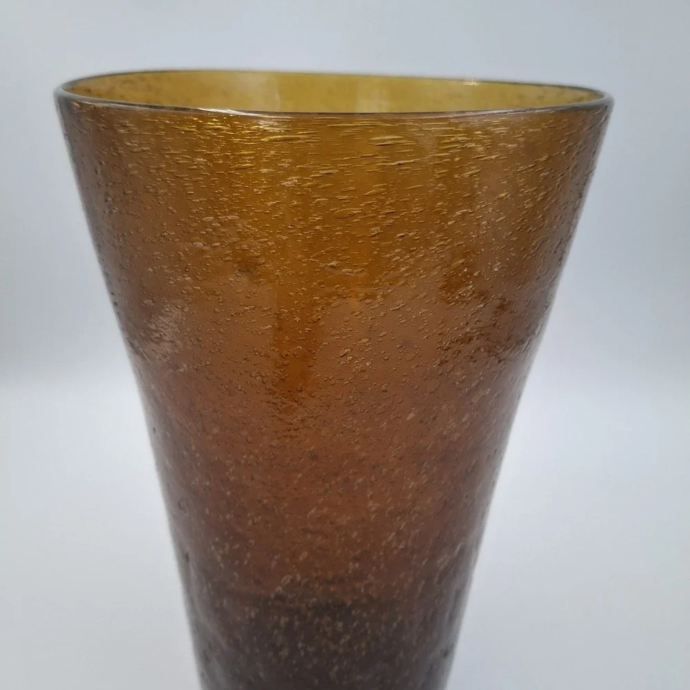 Vintage Amber Seeded Glass‎ Vase Hand Blown Conical Trumpet Shape 9